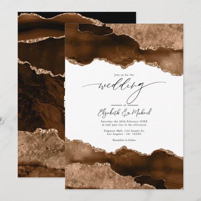 Luxuriöse Brown & Gold Agate Wedding QR Code UAwg Einladung (Vorne/Hinten)