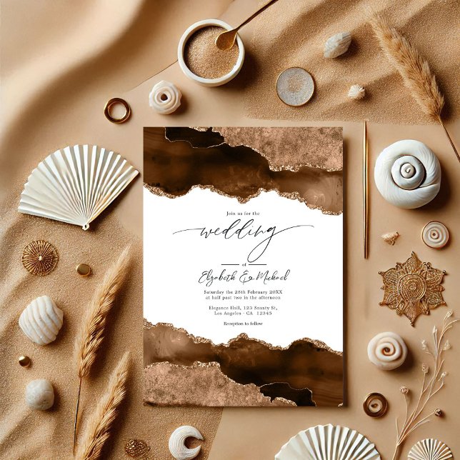 Luxuriöse Brown & Gold Agate Wedding QR Code UAwg Einladung (Luxurious Brown & Gold Agate Wedding QR Code Rsvp Invitation)