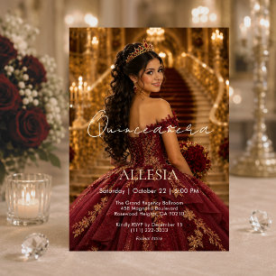 Luxuriöse Burgunder-Gold-Quinceañera-Einladung Einladung
