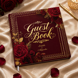 Luxuriöse burgunderrote Rosen-Gold-Hochzeit Gästebuch
