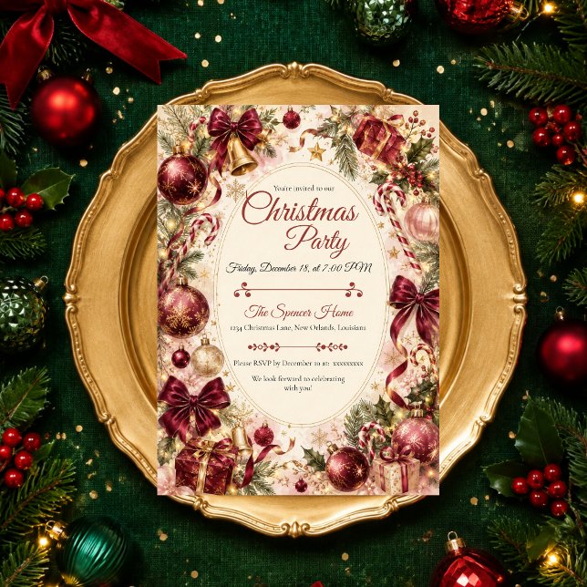 Luxuriöse burgunderrote Weihnachtsfeier Einladung (Von Creator hochgeladen)