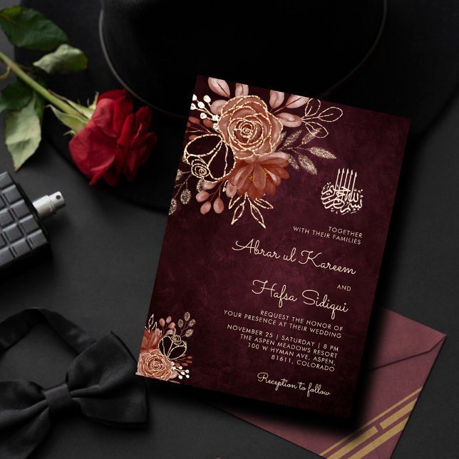Luxuriöse Burgundy Floral Gold Islamische Hochzeit Einladung (Von Creator hochgeladen)