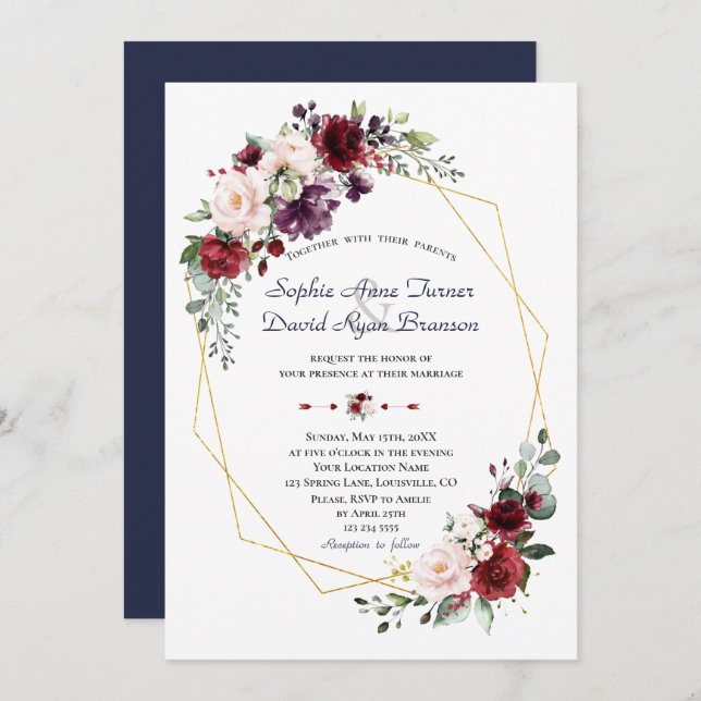 Luxuriöse Burgundy Plum Blush Blume GoldWedding Einladung (Vorne/Hinten)