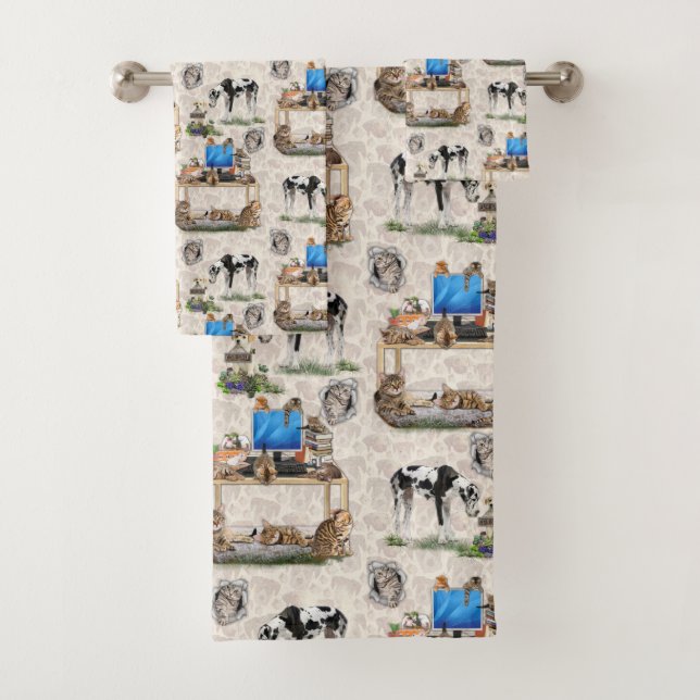 Luxuriöse Cat & Dog Wiederholung Design Badhandtuch Set (Insitu)