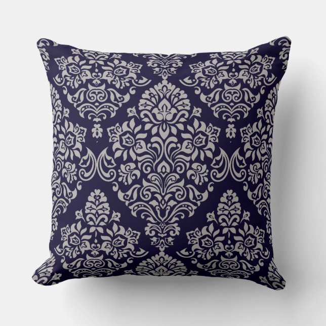 Luxuriöse Damask Floral Pattern auf sehr Deep Blue Kissen (Vorderseite)