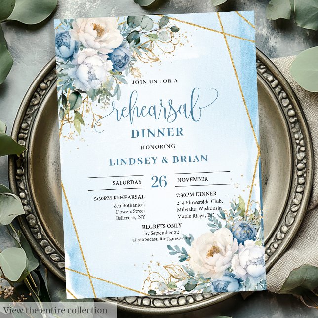 Luxuriöse Dusty Blue Floral Gold Probe Einladung (Luxury Dusty Blue Floral Gold Rehearsal Invitation)