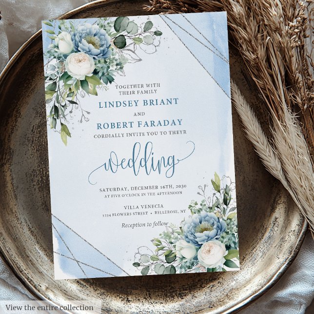 Luxuriöse Dusty Blue White Silver Blume Hochzeit Einladung (Luxury Dusty Blue White Silver Flowers Wedding Invitation)