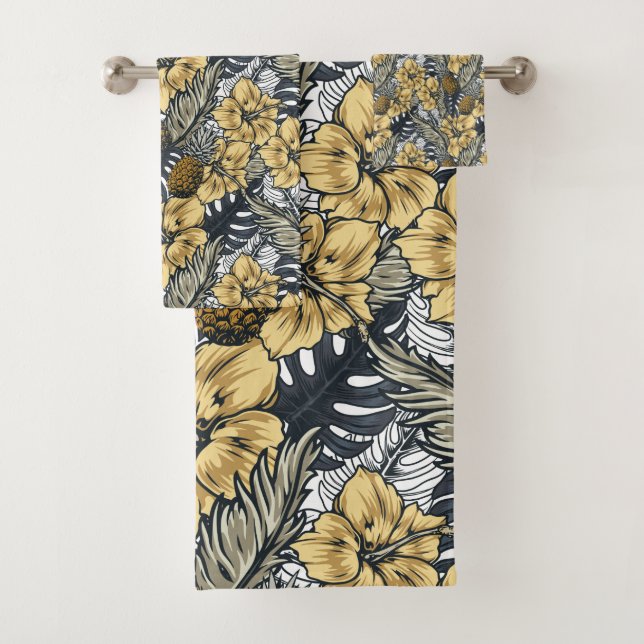 Luxuriöse Elegange Gold N'Black Tropical Blume Badhandtuch Set (Insitu)