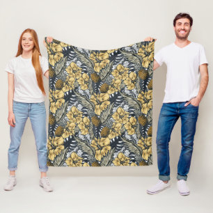 Luxuriöse Elegange Gold N'Black Tropical Blume Fleecedecke