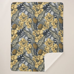 Luxuriöse Elegange Gold N'Black Tropical Blume Sherpadecke