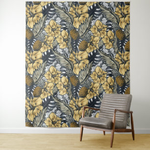 Luxuriöse Elegange Gold N'Black Tropical Blume Wandteppich