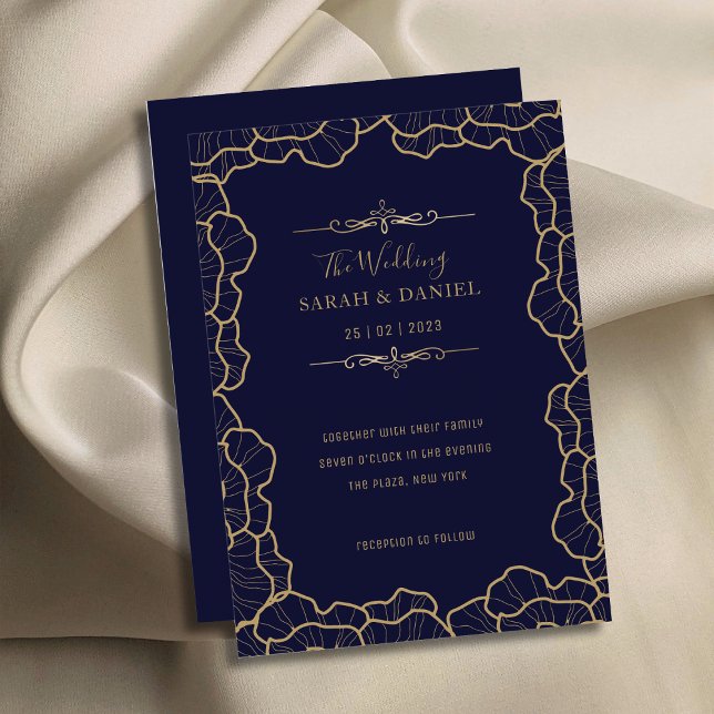 Luxuriöse Elegant Navy Blue Gold Blume Hochzeit Einladung (Luxurious Elegant Navy Blue Gold Flower Wedding Invitation)