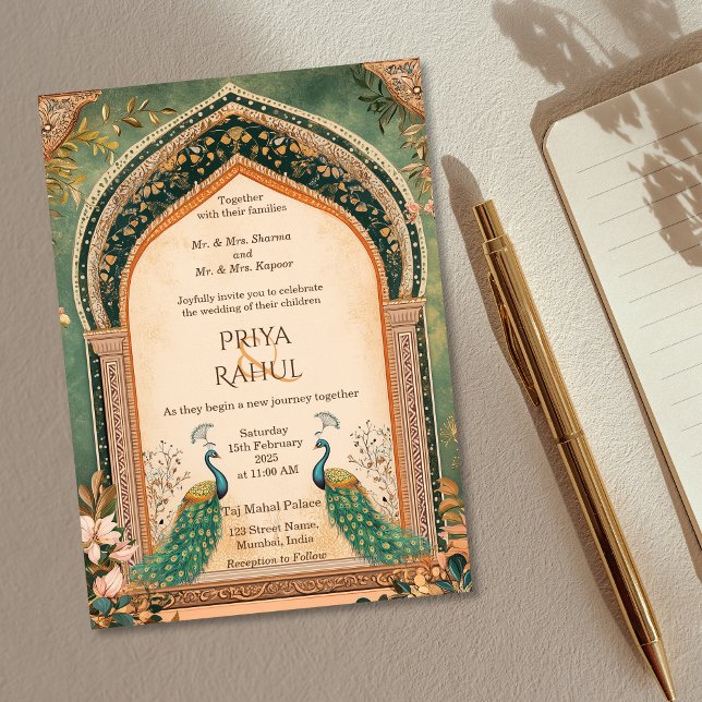 Luxuriöse Elegant Vintag Gold Peacock Indian Weddi Einladung (green and gold indian wedding invitation with peacocks)