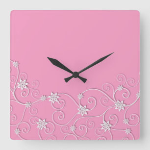 Luxuriöse Elegant White Wirbel Pink Clock Quadratische Wanduhr