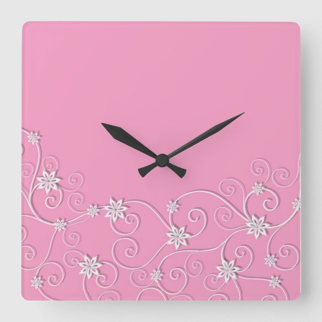 Luxuriöse Elegant White Wirbel Pink Clock Quadratische Wanduhr (Vorderseite)