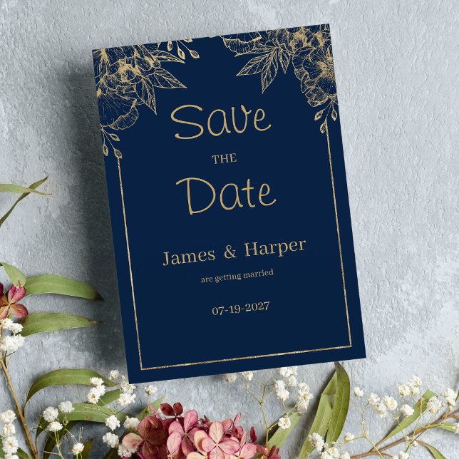 Luxuriöse elegante Marineblau mit Blumen Save the  Einladung (Luxury elegant navy blue gold floral Save the Date )