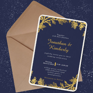 Luxuriöse elegante Navy- & Gold-Blumenhochzeit Einladung