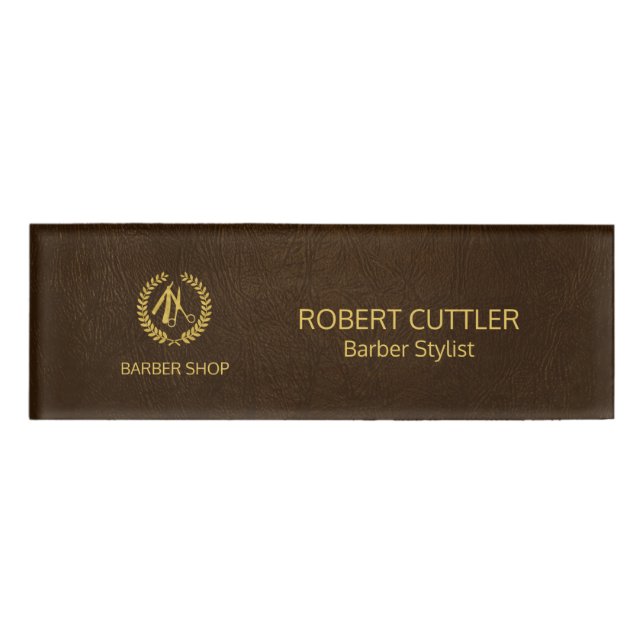 Luxuriöse Friseurwerkstatt dunkelbraunes Leder Loo Namenschild (Vorderseite)