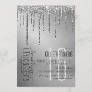 Luxuriöse Funkelnd Silver Glitzer Tropfen Sweet 16 Einladung