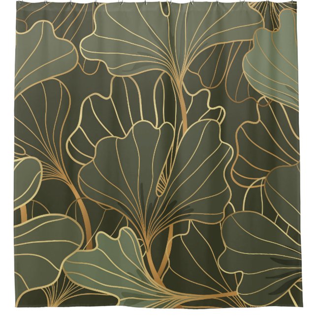 Luxuriöse Ginkgo Gold Line Art Duschvorhang (Vorderseite)