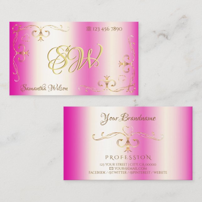 Luxuriöse Girly Pink Gold Verziert Corner mit Init Visitenkarte (Vorne/Hinten)
