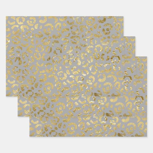 Luxuriöse Glam Gold Gray Leopard Print Geschenkpapier Set (Set)