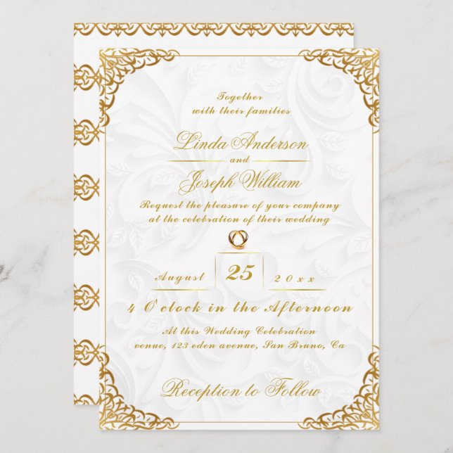 Luxuriöse Glamour Gold Border & Nordic Blume Weddi Einladung (Vorne/Hinten)