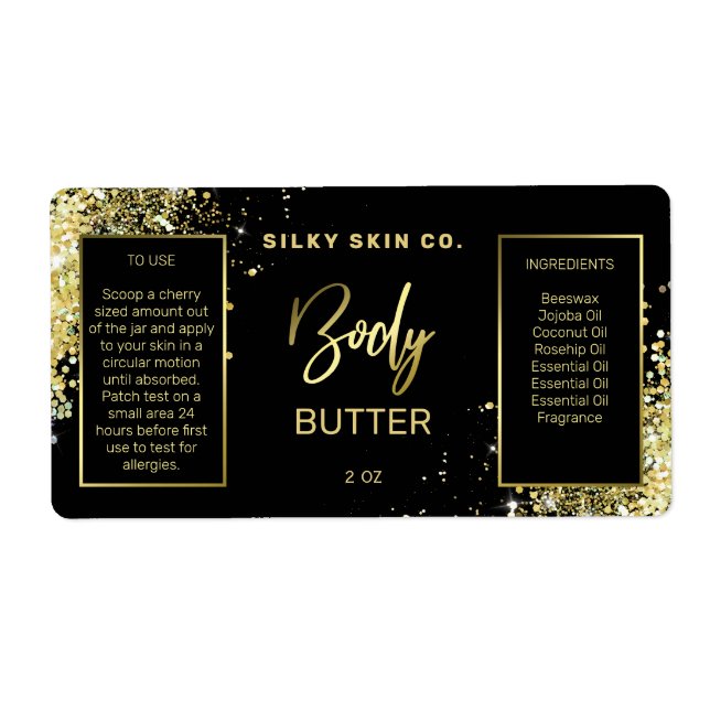 Luxuriöse Glitzer Black and Gold Body Butter Label (Vorne)