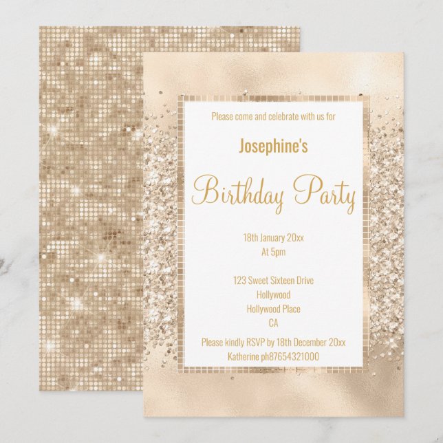 LUXURIÖSE GLITZER CHAMPAGNE & GOLD CUSTOM EINLADUNG (Vorne/Hinten)