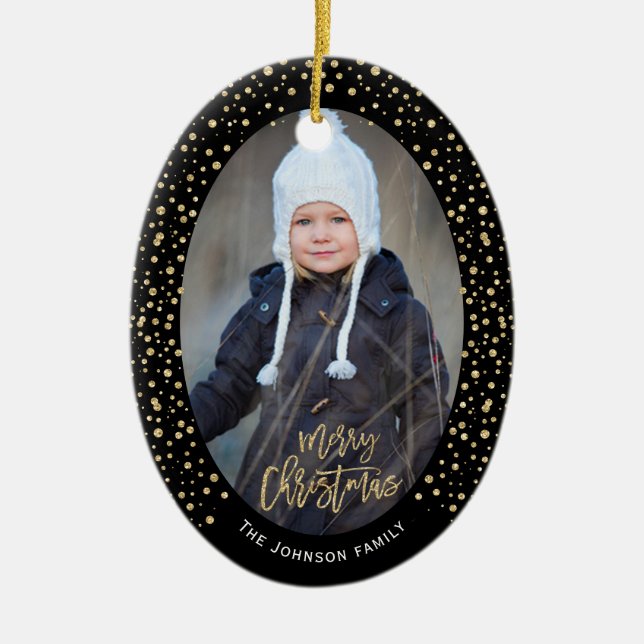 Luxuriöse Gold Black Glitzer Dots Foto Weihnachten Keramik Ornament (Vorne)
