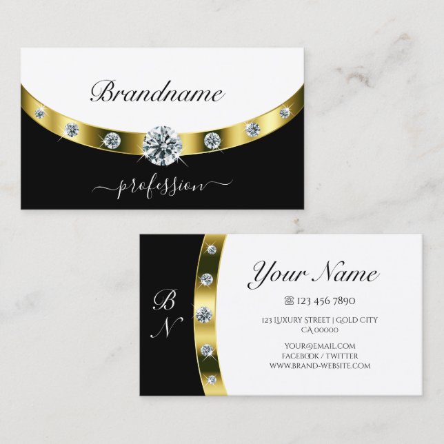 Luxuriöse Gold Border Black and White Initials Visitenkarte (Vorne/Hinten)