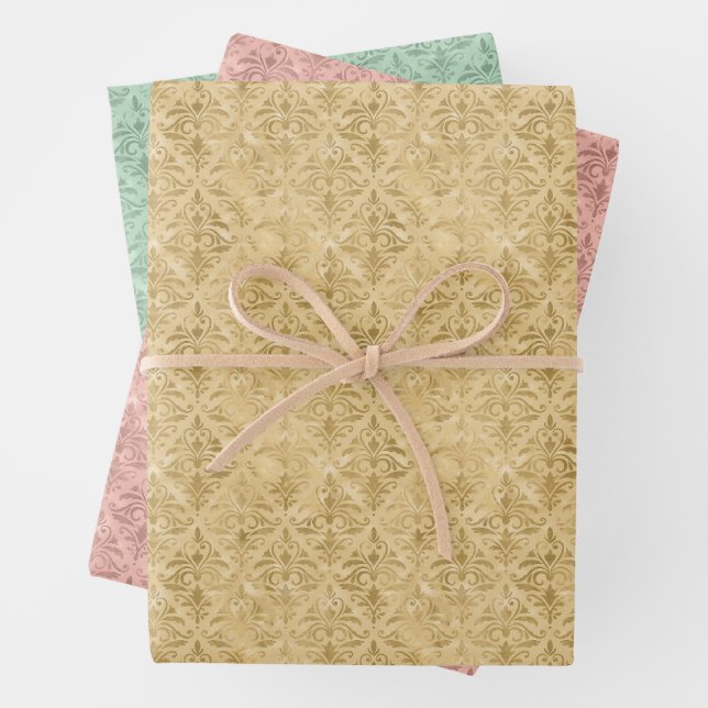 Luxuriöse Gold-, Dusty Pink- und Green Damask-Must Geschenkpapier Set (Beispiel)