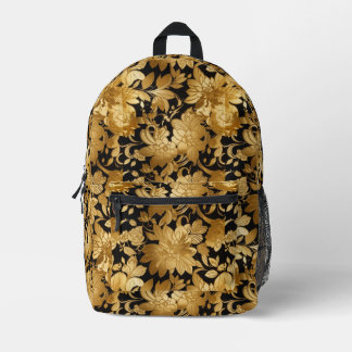 Luxuriöse Gold Floral Print auf schwarzem Hintergr Bedruckter Rucksack