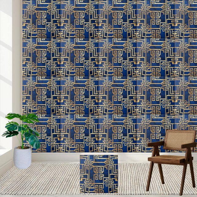 Luxuriöse Gold Griechisches Schlüsselmuster auf De Fliese (Luxurious Gold Greek Key Pattern on Deep Blue Ceramic Tile)