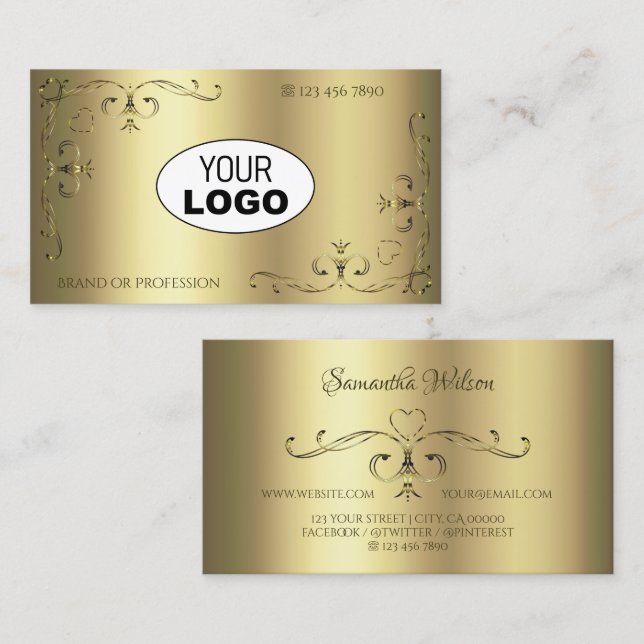 Luxuriöse Gold Verziert Corners Logo Elegant Golde Visitenkarte (Vorne/Hinten)