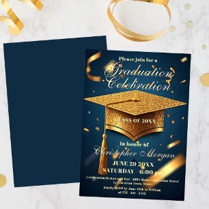 Luxuriöse Golden Graduation Cap mit Confetti Einladung