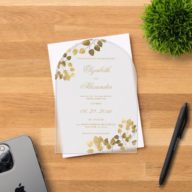 Luxuriöse goldene Eukalyptus-Hochzeit Acryleinladungen (Insitu (Einladungskarte))