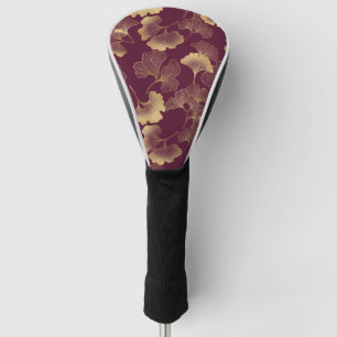 Luxuriöse goldene Ginkgoblätter auf tiefem Burgund Golf Headcover