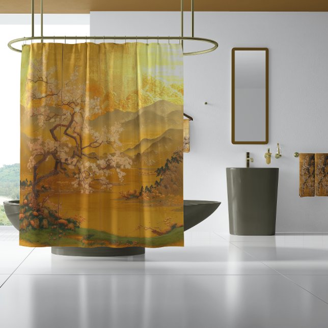 Luxuriöse goldene Morgenröte Opulent Fernost Inspi Duschvorhang (High-End 17th Century Asian Aesthetic Decor Shower Curtain )