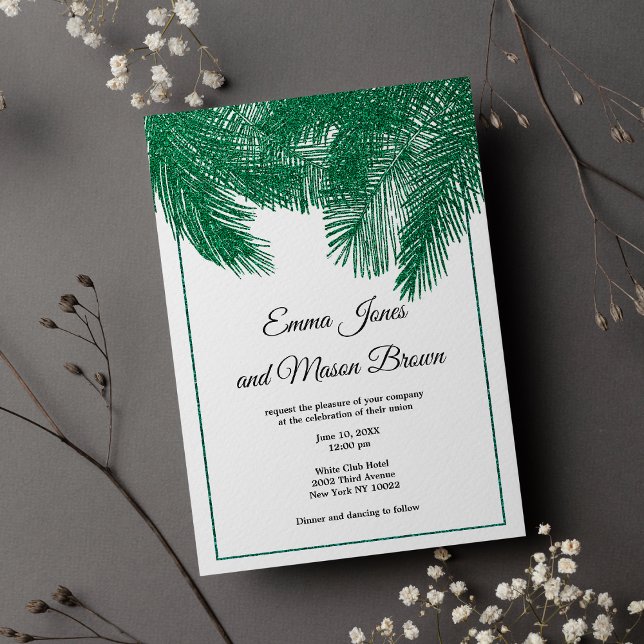 Luxuriöse grüne Glitzer Palme tropische Hochzeit Einladung (Luxury green glitter palm tree tropical Wedding )