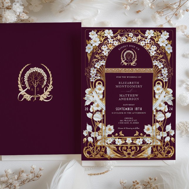 Luxuriöse Hochzeit in Burgund & Antique Gold Flora Einladung (Von Creator hochgeladen)