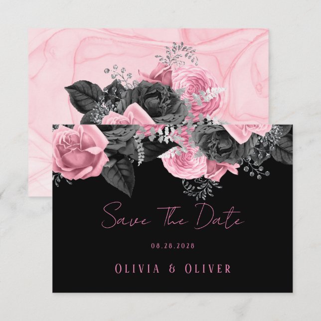 Luxuriöse Hochzeit in Rosa und Schwarz-Flora Geret Save The Date (Vorne/Hinten)