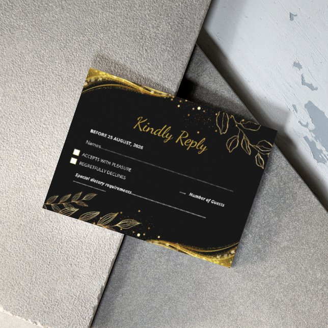 Luxuriöse Hochzeit mit moderner Black Gold Floral RSVP Karte (Von Creator hochgeladen)