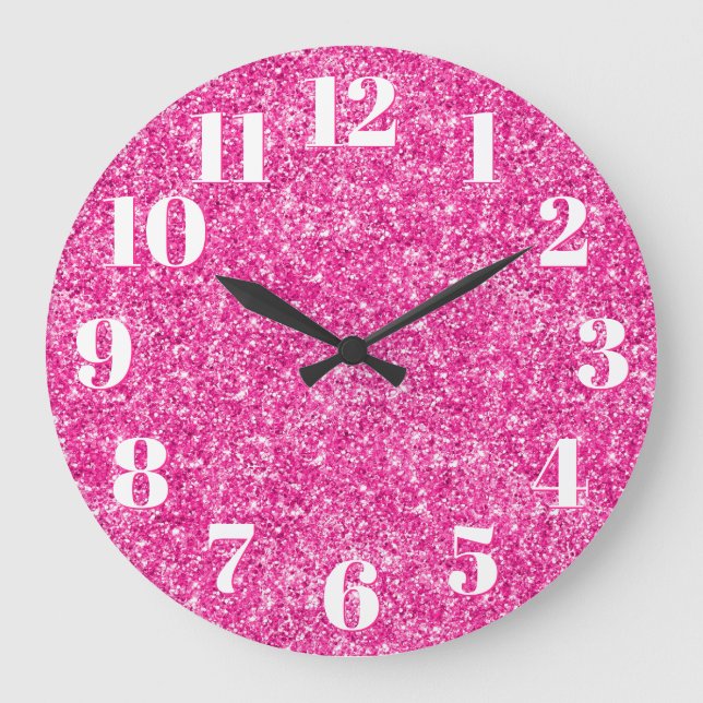 Luxuriöse Hot Pink Glitzer Trendy Numbers Große Wanduhr (Vorderseite)