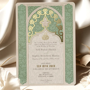 Luxuriöse islamische Spitze Sage Green Hochzeit Folieneinladung