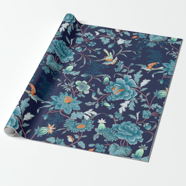 Luxuriöse japanische Blue Peony and Birds Romantic Geschenkpapier (Ungerollt)