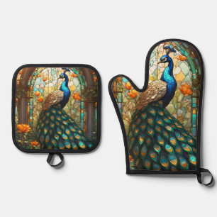 Luxuriöse Küche: Buntglas-Pfau Ofenhandschuh & Topflappen-Set