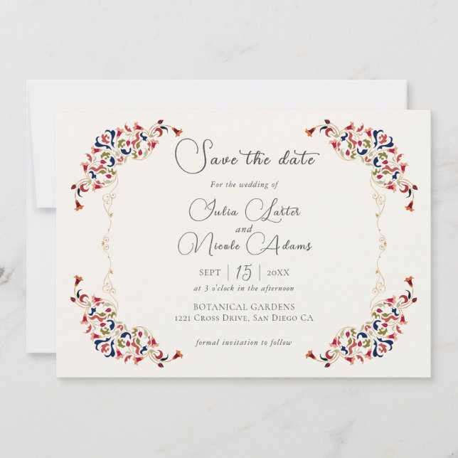 Luxuriöse künstlerische Botanische Paisley Hochzei Save The Date (Vorderseite)