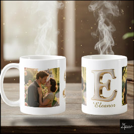 Luxuriöse Kursiv Gold Weiße Initiale E + 2 FOTO Kaffeetasse