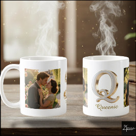 Luxuriöse Kursiv Gold Weiße Initiale Q + 2 FOTO Kaffeetasse